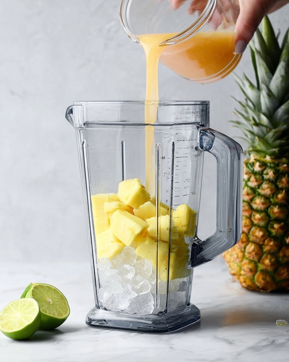 A clear blender container sits on a white marbled surface, filled at the bottom with small ice cubes, topped with a layer of yellow pineapple chunks, with a woman's hand pouring a light orange liquid into the blender from the right side. In the background, on the left side, there is a whole pineapple and a halved lime placed on the white marbled surface near the blender. The scene is brightly lit, showing clear textures on the pineapple pieces and the ice. Photo taken with an iphone --ar 4:5 --v 7