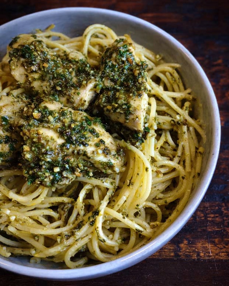 A bowl of pasta is shown with light yellow noodles forming the base layer, twisted and tangled all over the bowl. On top, there are pieces of light brown chicken mixed with a green pesto sauce that covers parts of the noodles and chicken, giving a speckled green texture. A woman's hand holding a fork with a yellow handle lifts some of the pasta and chicken out of the bowl. The bowl is white with a slightly rough rim and sits on a white marbled surface. Nearby, there is a beige cloth napkin and two white-handled forks. photo taken with an iphone --ar 4:5 --v 7