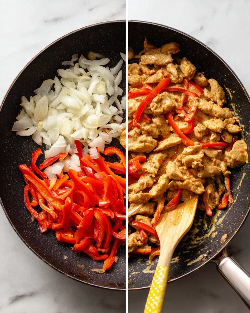 The image shows two side-by-side photos of a black frying pan on a white marbled surface. On the left, the pan contains chopped white onions and strips of bright red bell peppers, all raw with fresh colors. On the right, the same pan has cooked pieces of light brown meat mixed with softened red bell pepper strips, coated in a creamy sauce. A wooden spatula with a yellow and white patterned handle rests inside the pan on the right side. The scene is well-lit with natural light highlighting the colors and textures. Photo taken with an iphone --ar 4:5 --v 7
