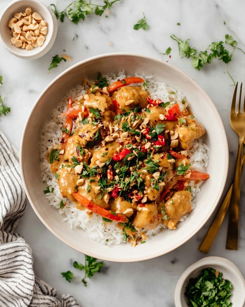 A white bowl filled with white rice at the bottom, topped with golden-brown pieces of chicken coated in a creamy orange sauce. There are bright red chili slices and small carrot strips mixed in with the chicken. The dish is sprinkled with chopped green herbs and crushed peanuts, adding a pop of green and light brown texture on top. The bowl sits on a white marbled surface, with scattered green herbs around it and small white bowls with chopped herbs and peanuts nearby. A gold fork and a cloth with thin stripes are placed on the sides. photo taken with an iphone --ar 4:5 --v 7
