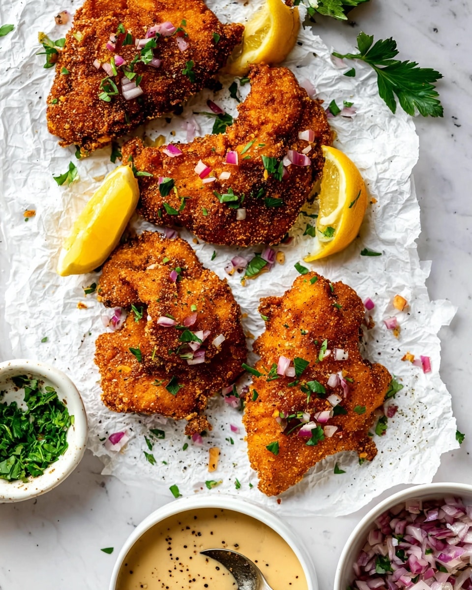 This image shows four pieces of golden brown, crispy fried chicken with a rough, crunchy texture placed on white crumpled parchment paper on a white marbled surface. Each chicken piece is sprinkled with small bits of red onion and green herbs. Around the chicken pieces are lemon wedges, fresh green parsley sprigs, and two small white bowls—one filled with more chopped red onions and the other with chopped green herbs. In the lower part of the image, a white bowl holds a creamy, light beige dipping sauce with visible black pepper, and a spoon resting inside. The scene is brightly lit, focusing on the crispy texture and vibrant colors of the ingredients. Photo taken with an iphone --ar 4:5 --v 7
