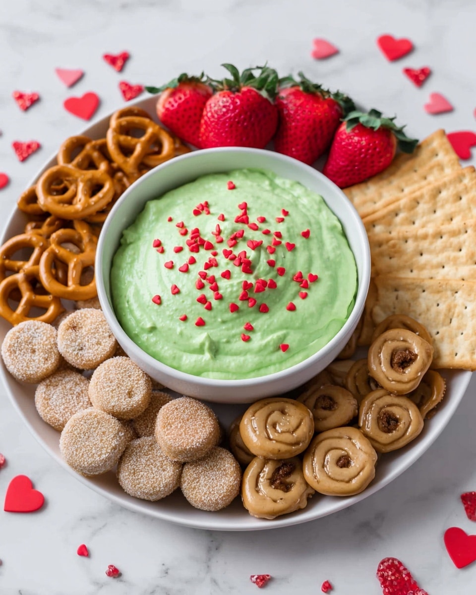 A round white plate with a white bowl in the center filled with bright green creamy dip topped with small red heart-shaped sprinkles. Around the bowl, arranged in a circular pattern on the plate, there are golden brown pretzels at the top left, bright red strawberries with green leaves next to the pretzels, a cluster of round golden cookies below the strawberries, and a mix of light brown swirled and pretzel-shaped cookies to the bottom right. Light brown square crackers are neatly placed in a fan shape at the top right. The plate sits on a white marbled surface with scattered small red heart-shaped sprinkles around it, photo taken with an iphone --ar 4:5 --v 7