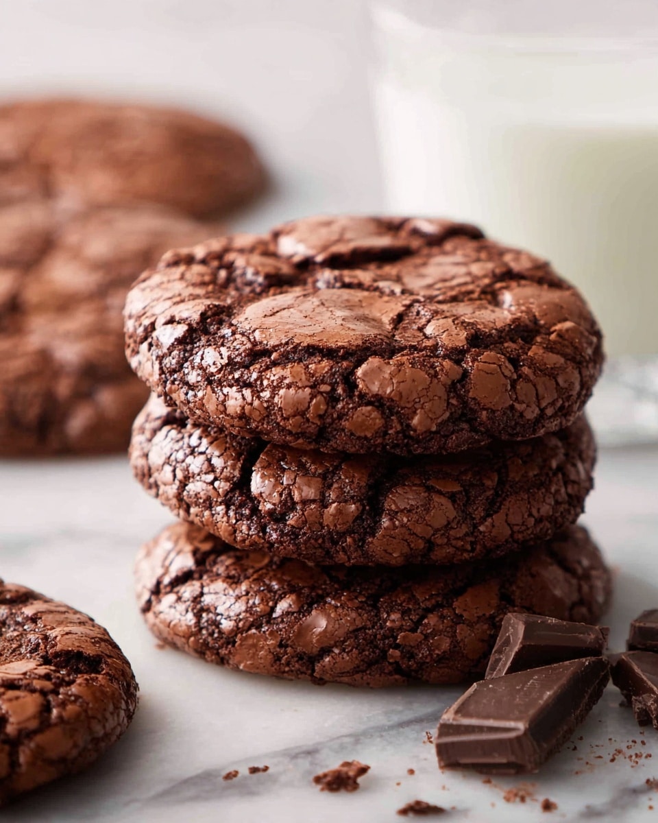 A stack of three round chocolate cookies with a cracked texture and rich dark brown color is placed on a white marbled surface. The cookies have an uneven, bumpy top with some visible chocolate chunks inside. Around the stack, there are a few more cookies lying flat, slightly blurred to keep the focus on the stack. Near the cookies, small pieces of broken chocolate are scattered. In the background, a clear glass of milk is slightly out of focus. photo taken with an iphone --ar 4:5 --v 7