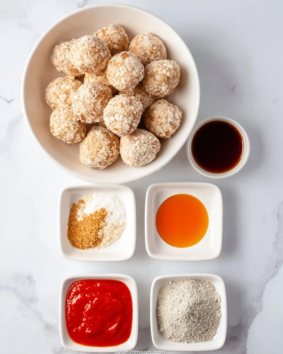 A white bowl is full of round, light brown balls that look dry and crumbly. Below the bowl are six small white square dishes arranged in two columns and three rows on a white marbled surface. From top to bottom, the left column has a dish with a golden orange liquid, a dish with a light brown powder mixed with small flakes, and a dish with a dark brown liquid. The right column has a dish with a white powder, a dish filled with thick bright red sauce, and a dish with a grayish powder. The scene is clean and bright. photo taken with an iphone --ar 4:5 --v 7