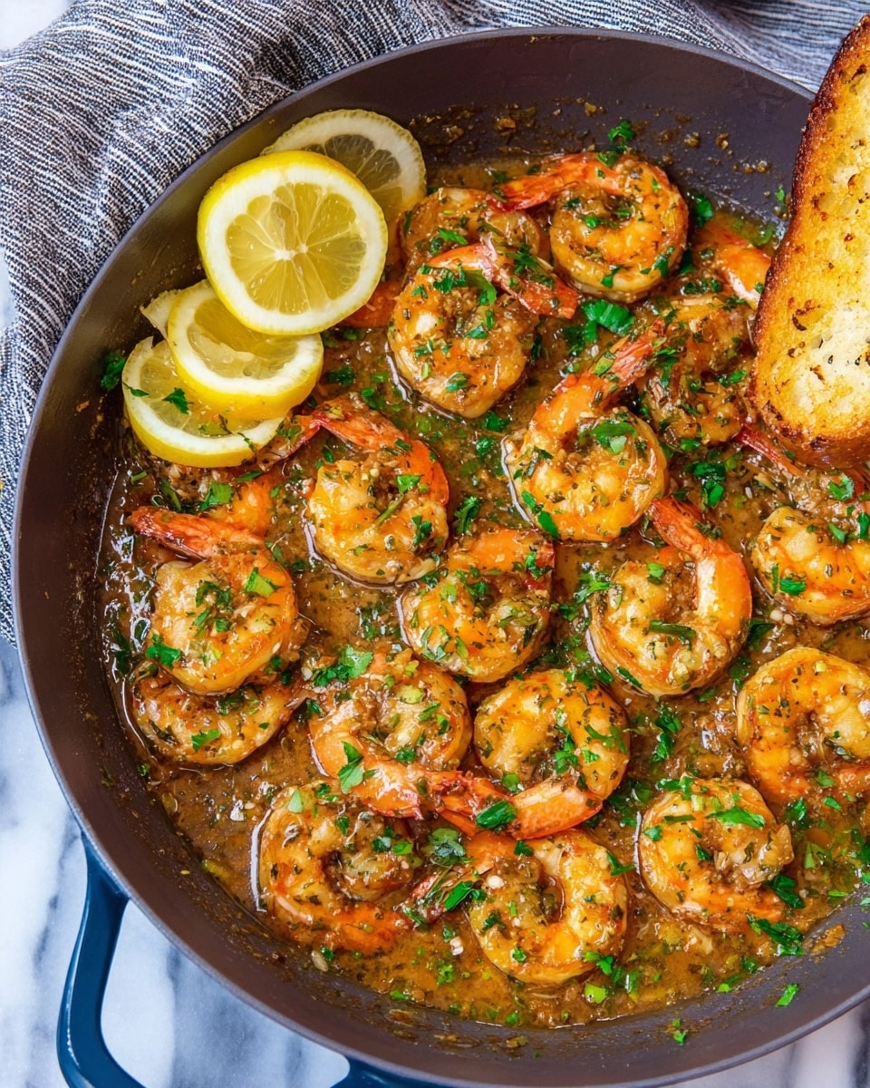 The dish is a pan filled with cooked shrimp in a thick sauce, showing around 15 orange and white shrimp partially covered in a glossy golden-brown sauce with visible herbs and spices. There are chopped green parsley pieces sprinkled all over the shrimp, adding bright specks of green. Two lemon wedges with a bright yellow color sit on the left side of the pan. On the right side, a piece of toasted bread with a crispy brown surface leans slightly into the shrimp. The pan is dark with a blue handle, set on a white marbled surface partly covered by a gray-striped cloth. The scene has a warm and fresh feeling. photo taken with an iphone --ar 4:5 --v 7