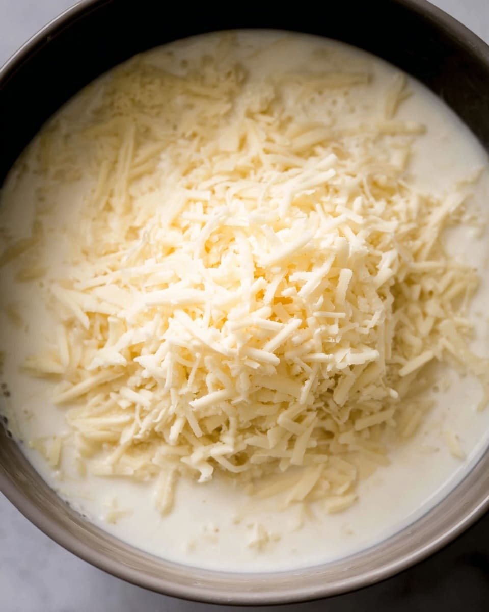A close-up shot of a white bowl filled with a creamy white liquid base. On top, there is a heap of finely shredded pale yellow cheese with a soft, slightly moist texture. The cheese strands are thin and cover the center of the liquid, forming a small mound. The bowl sits on a white marbled surface, creating a clean and simple background. Photo taken with an iphone --ar 4:5 --v 7