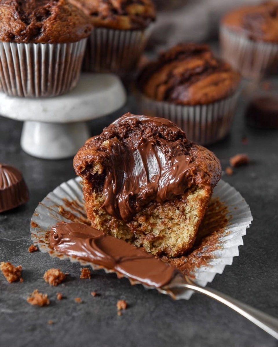 A torn chocolate swirl muffin sits open on a white paper liner on a dark surface, with smooth chocolate spread thickly on the lower half of the muffin. Nearby, a silver knife with more chocolate spread rests on the surface, and whole muffins in white paper liners stand on a white stand in the background. Crumbs are scattered around the muffin, and there is a white marbled texture surface beneath everything. photo taken with an iphone --ar 4:5 --v 7