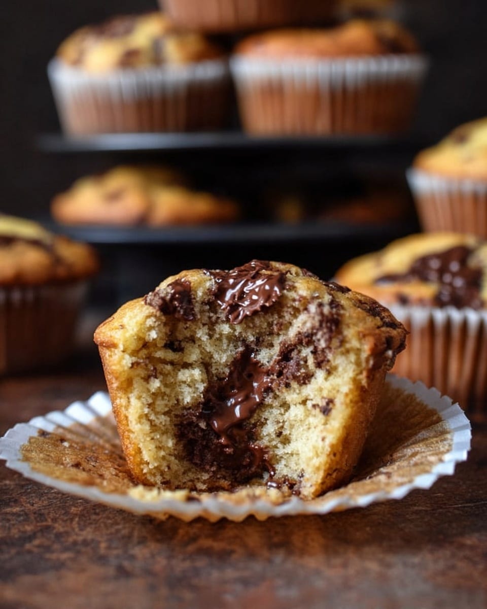 The image shows a close-up of a single muffin torn in half placed on a white muffin liner. The muffin's inside is light brown with small dark specks throughout, and there is melted dark chocolate visible on the top and inside the torn part. Behind the torn muffin, there are whole muffins sitting in white liners, stacked on black stands with a slight blur effect. The background is dark, and the surface beneath the muffins is a worn wooden texture. photo taken with an iphone --ar 4:5 --v 7