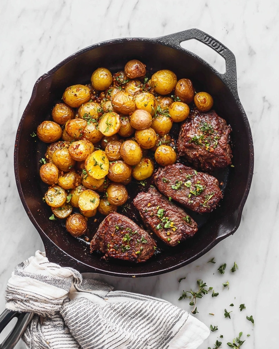A black cast iron pan sits on a white marbled surface, filled with two main layers. On the left side, there is a heap of small round golden and light brown roasted potatoes with a slightly crispy texture. On the right side, there are three pieces of browned, juicy cooked meat garnished with small green herb flakes. The pan handle is wrapped with a white and black striped cloth. Some scattered small pieces of green herbs are sprinkled around the pan on the surface. photo taken with an iphone --ar 4:5 --v 7