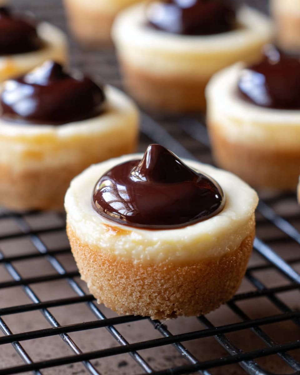 The image shows small mini cheesecakes placed on a cooling rack. Each cheesecake has two main layers: a light golden-brown crust as the base and a thick creamy off-white cheesecake layer on top. On the center of each cheesecake, there is a dollop of glossy dark chocolate that is smooth and shiny, ranging in size but sitting neatly on the cheesecake layer. The cooling rack bars create dark lines under and around the cheesecakes. The background has a clear focus on the front cheesecake, with the others softly blurred behind it. photo taken with an iphone --ar 4:5 --v 7