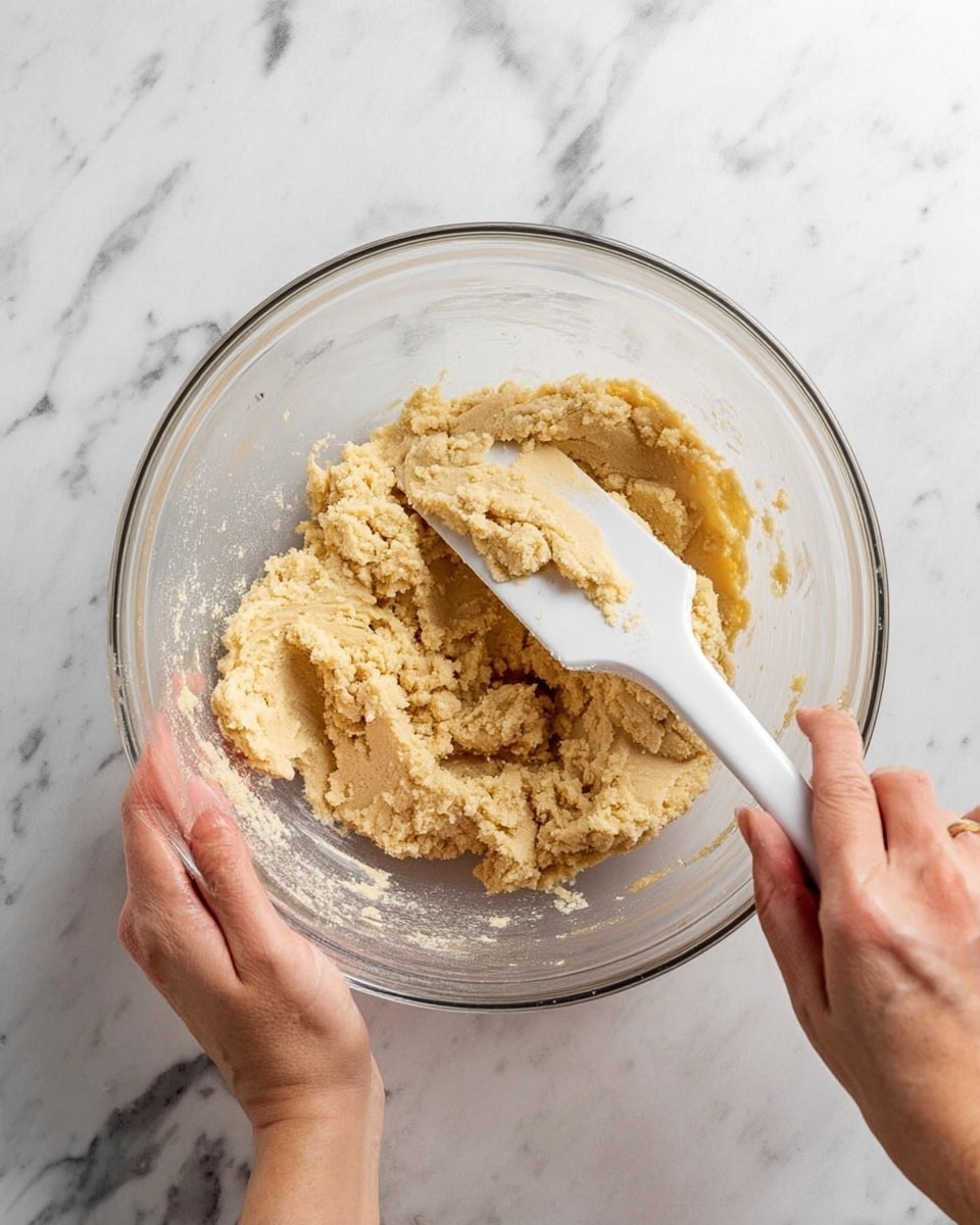 A clear glass bowl holds a thick, pale yellow dough with a crumbly texture inside it. A white spatula is partially pressed into the dough from the right side of the bowl, with traces of dough on its surface. A woman's left hand holds the side of the bowl, while her woman's right hand grips the spatula handle. The bowl is placed on a white marbled surface. photo taken with an iphone --ar 4:5 --v 7