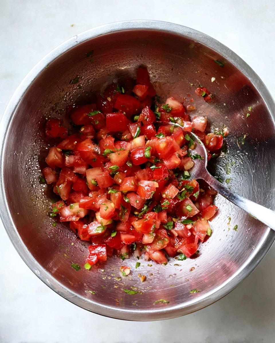Inside a round metal mixing bowl, there are small diced pieces of red tomatoes mixed with tiny green herb pieces scattered throughout. The surface of the tomatoes looks shiny and slightly wet. A silver spoon rests inside the bowl on the right side, partially buried in the mixture. The bowl sits on a white marbled surface. photo taken with an iphone --ar 4:5 --v 7