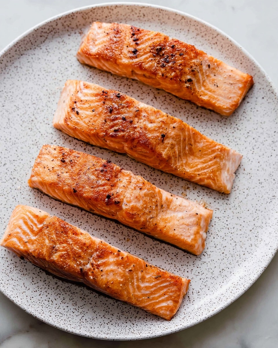 Four salmon fillets with a crispy, golden-brown skin are arranged in a vertical line on a large white speckled plate. Each fillet shows a slightly different texture with some gentle grill marks and small black pepper flakes scattered on top. The salmon flesh underneath is a rich pinkish-orange color with a soft, flaky texture visible at the edges. The plate sits on a white marbled surface. photo taken with an iphone --ar 4:5 --v 7