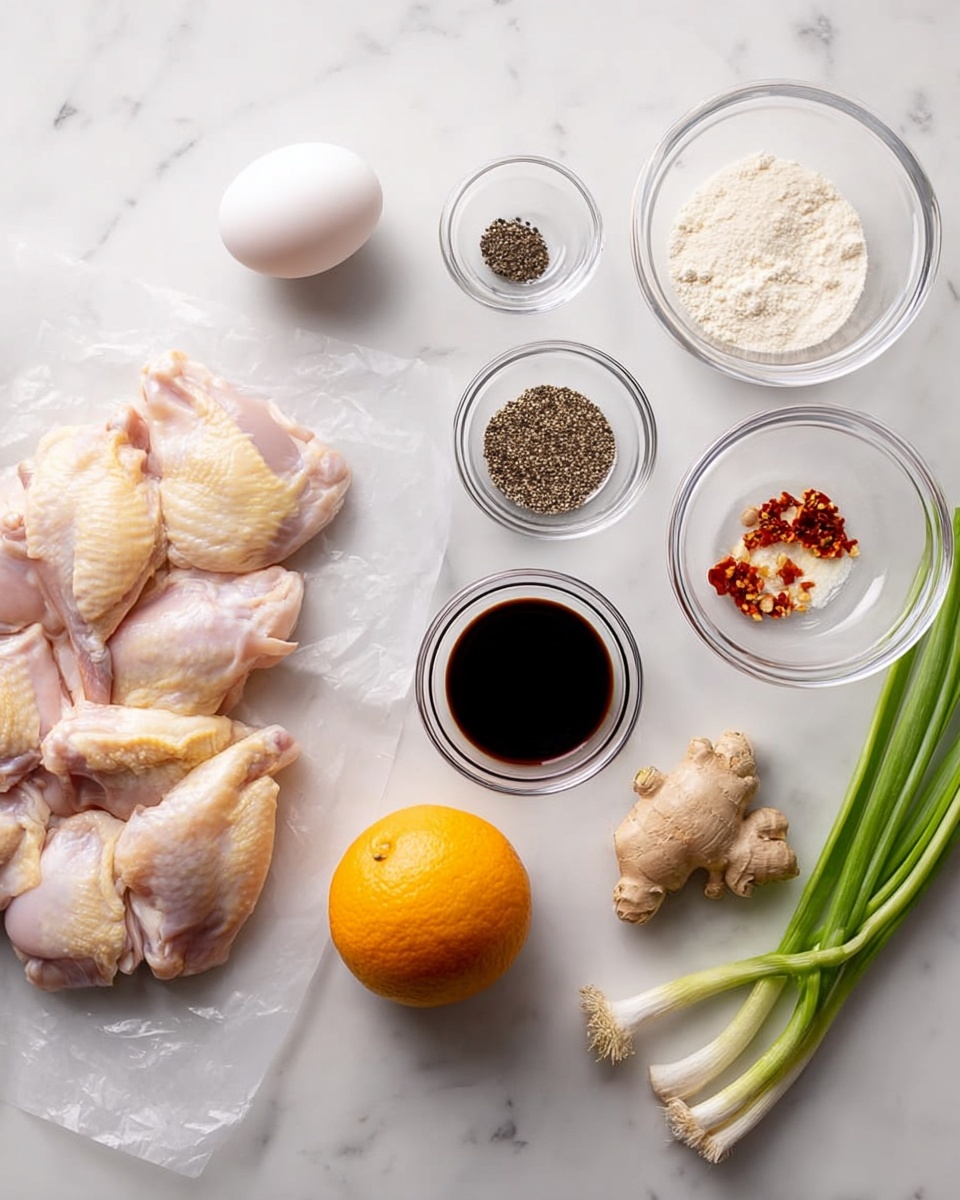 The image shows raw ingredients arranged neatly on a white marbled surface. In the center left, several pieces of raw chicken with pale pink and light yellow skin lie on a transparent sheet. Above them, a white egg and a small glass bowl with ground black pepper sit side by side. To the right, there are clear glass bowls with light-colored liquid, white powder, crushed garlic, and red chili flakes. Above those, a white bowl holds dark soy sauce. A bright orange sits below the bowls in the middle, while to the right, fresh green onion stalks rest on the surface beside a small piece of ginger root and a peeled garlic clove. The arrangement is orderly with soft natural lighting. Photo taken with an iphone --ar 4:5 --v 7