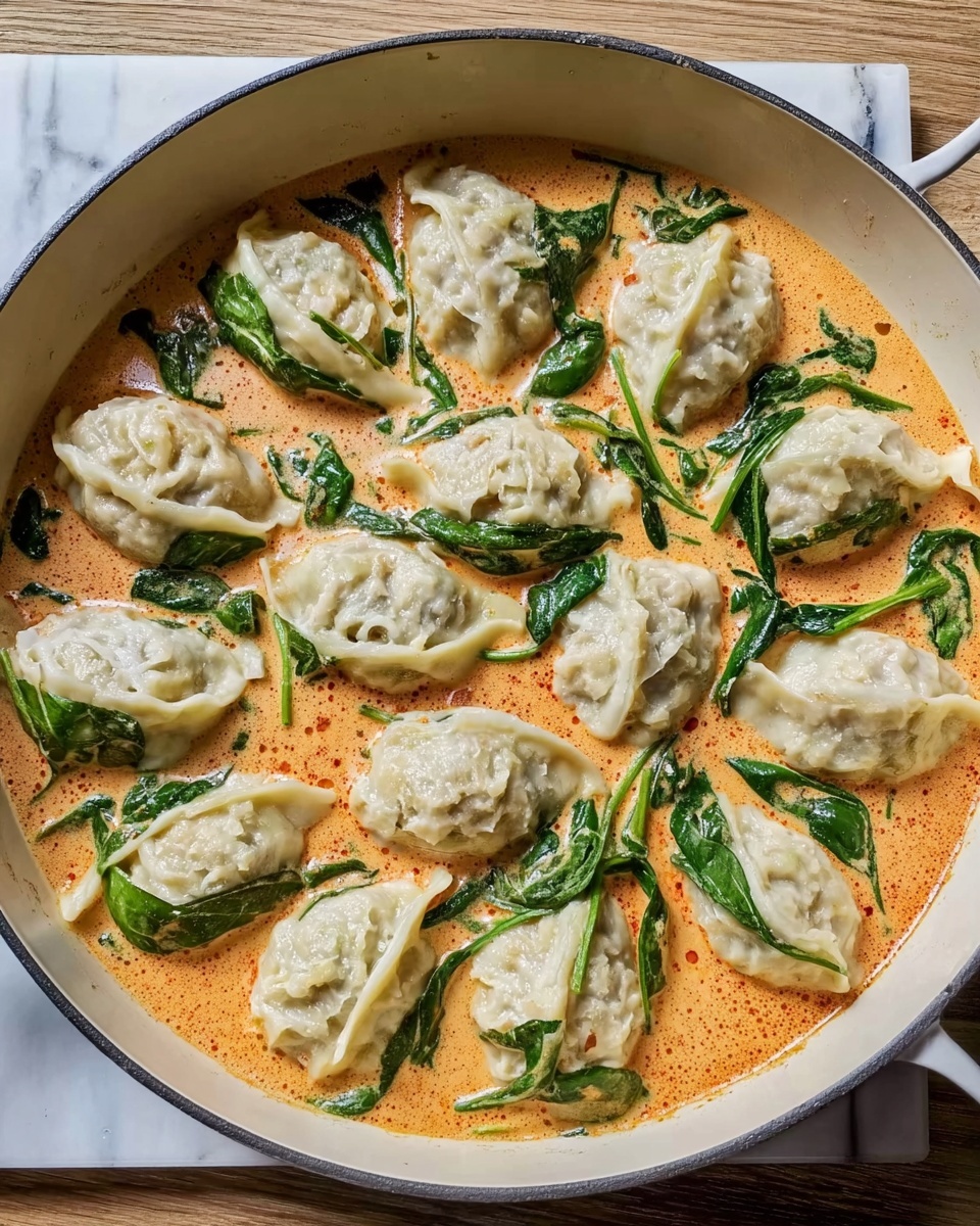 Viral One-Pan Baked Dumplings Recipe 4 The image shows a round white pan filled with a light orange creamy sauce. Inside the sauce, there are about twelve light-colored dumplings arranged in a circular pattern, each dumpling having a slightly crinkled texture on top. Bright green spinach leaves are scattered evenly between the dumplings, adding a fresh contrast to the creamy sauce and pale dumplings. The pan is placed on a white marbled surface with a wooden texture partially visible. Photo taken with an iphone --ar 4:5 --v 7