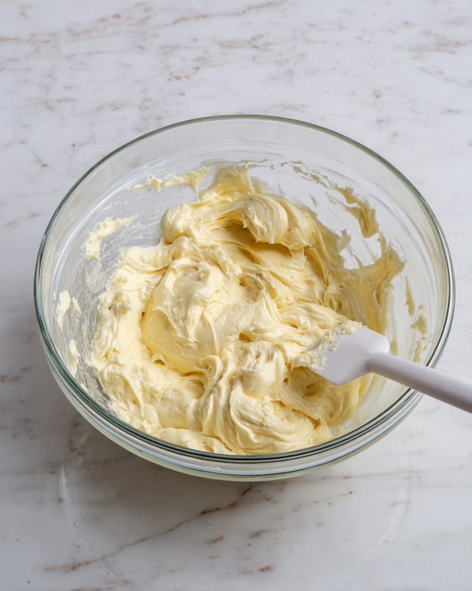 A clear glass bowl sits on a white marbled surface filled with thick, creamy, light yellow batter. The batter has a smooth and slightly lumpy texture with peaks and folds, showing it has been mixed recently. A white spatula is inside the bowl on the right side, partially covered with the batter, angled slightly upward. The clear bowl allows the batter’s texture and light color to be seen through its sides. Photo taken with an iphone --ar 4:5 --v 7