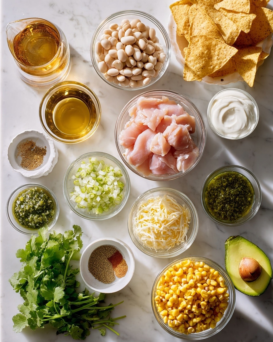 The image shows several clear glass bowls arranged on a white marbled surface, each holding different ingredients. At the center, there is a bowl with raw pink chicken pieces. Surrounding it are bowls with white beans, chopped white onions, green chopped peppers, yellow corn, shredded white cheese, and a green paste of chopped green chilies. There are also smaller bowls with white salt, ground brown spice, minced garlic, and dried green herbs. A whole half avocado with the seed is placed on the surface next to fresh green cilantro leaves. In addition, there is a small white bowl with a white creamy substance, a small glass cup with clear liquid, and a larger glass cup with amber liquid. A few tortilla chips are placed behind the bowl of corn. The lighting is bright and natural, giving the ingredients a fresh look. photo taken with an iphone --ar 4:5 --v 7
