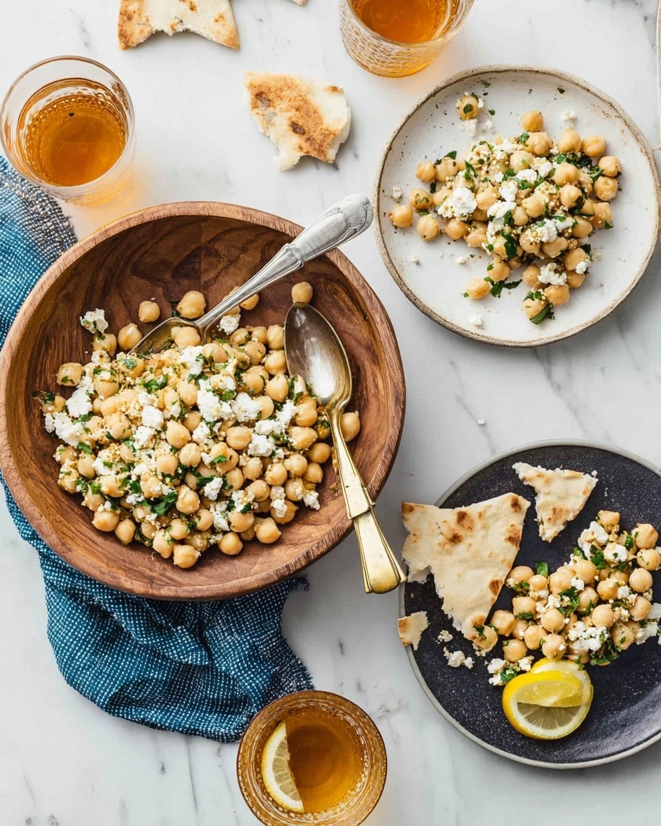 A wooden bowl filled with a chickpea salad made of two main layers; the bottom layer is round, light beige chickpeas and the top layer is white crumbled cheese mixed with chopped green herbs, all mixed together. The bowl is on a white marbled surface with two pieces of flatbread partially visible in the background and a silver spoon lying on the left side next to a white textured cloth. Photo taken with an iphone --ar 4:5 --v 7