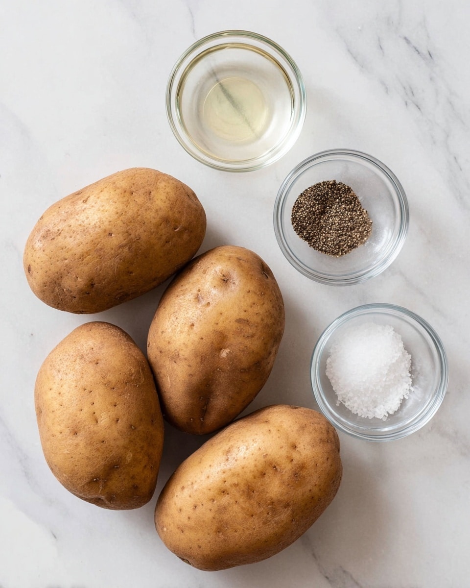 Four medium-sized brown potatoes with a rough texture are placed on a white marbled surface. Above the potatoes, there are three small clear glass bowls: the top left bowl contains a clear liquid, the top right bowl holds cracked black pepper, and the bottom right bowl is filled with white salt. The arrangement is simple, with the potatoes grouped together on the left and the bowls spaced evenly on the right. photo taken with an iphone --ar 4:5 --v 7