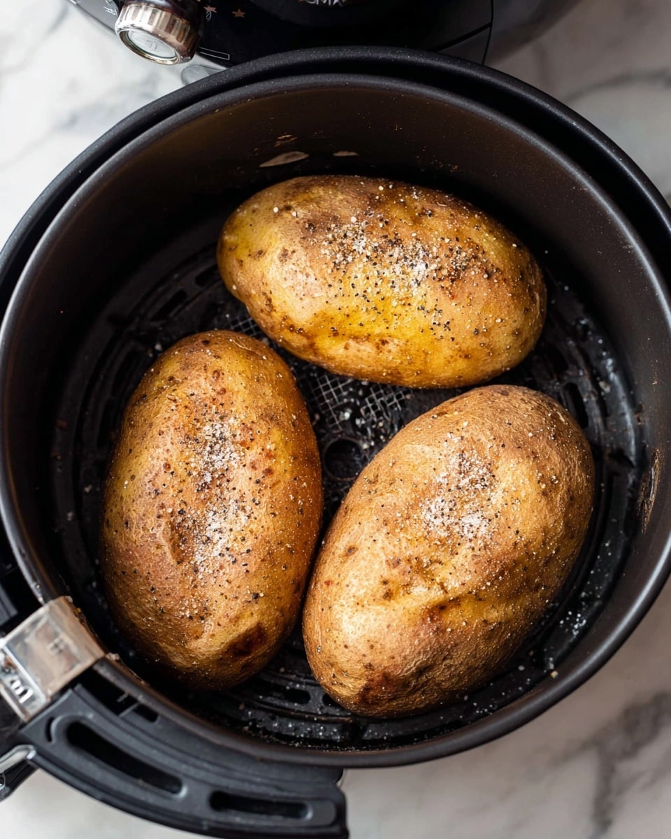 Three whole baked potatoes with golden brown, slightly rough skins are placed inside a black air fryer basket. The potato skins have a light sprinkling of coarse salt and black pepper, adding texture and contrast. The air fryer basket's mesh bottom and rounded sides are clearly visible, and the open lid with a silver knob is partially seen at the top left. The whole scene is set on a white marbled surface. photo taken with an iphone --ar 4:5 --v 7