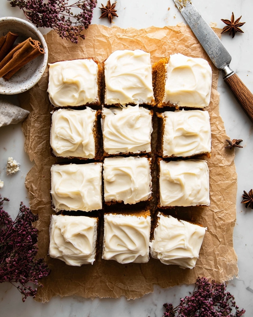 The image shows a square-shaped dessert divided into 12 pieces, arranged in a 4 by 3 grid on a piece of crumpled brown parchment paper. Each piece has two visible layers: a rich, moist, golden-brown cake base and a thick, creamy, smooth white frosting on top with gentle swirled patterns. The dessert sits on a white marbled surface decorated with star anise, cinnamon sticks in a small white bowl, and a few scattered dark purple flowers and twigs around the edges. A knife with some frosting on it lies to the right side of the dessert. Photo taken with an iphone --ar 4:5 --v 7