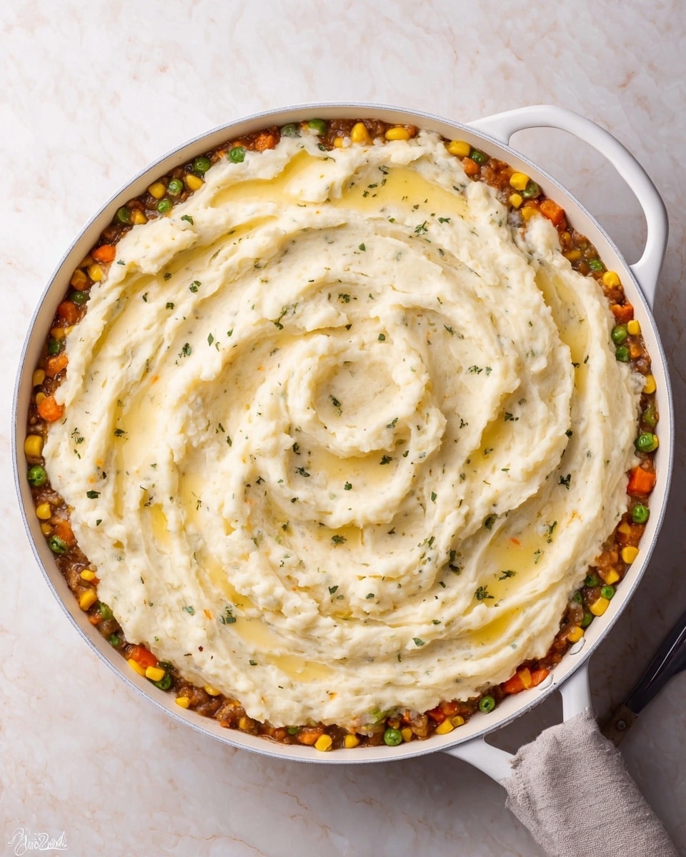 A round white pan filled with two layers, the bottom layer is a brown chunky mixture with visible pieces of orange carrots, yellow corn, and green peas evenly spread throughout. The top layer is thick mashed potatoes, creamy white with subtle green specks, smoothly spread in a swirling pattern, and lightly drizzled with melted butter giving a glossy finish. The pan sits on a white marbled textured surface with one handle and a small metal spatula resting nearby. photo taken with an iphone --ar 4:5 --v 7