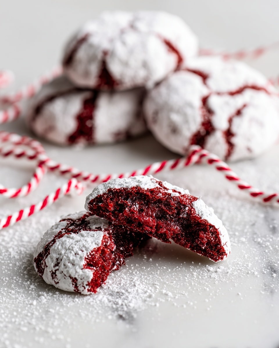 The image shows a close-up of deep red cookies covered in a layer of white powdered sugar with cracks revealing the red inside. One cookie is broken in two pieces in the foreground, showing a soft and moist texture with a rich red color inside. Behind it, four whole cookies rest on a white marbled surface, dusted lightly with powdered sugar. A red and white striped string snakes around the cookies, adding a festive touch. The background is softly blurred to keep focus on the cookies. photo taken with an iphone --ar 4:5 --v 7