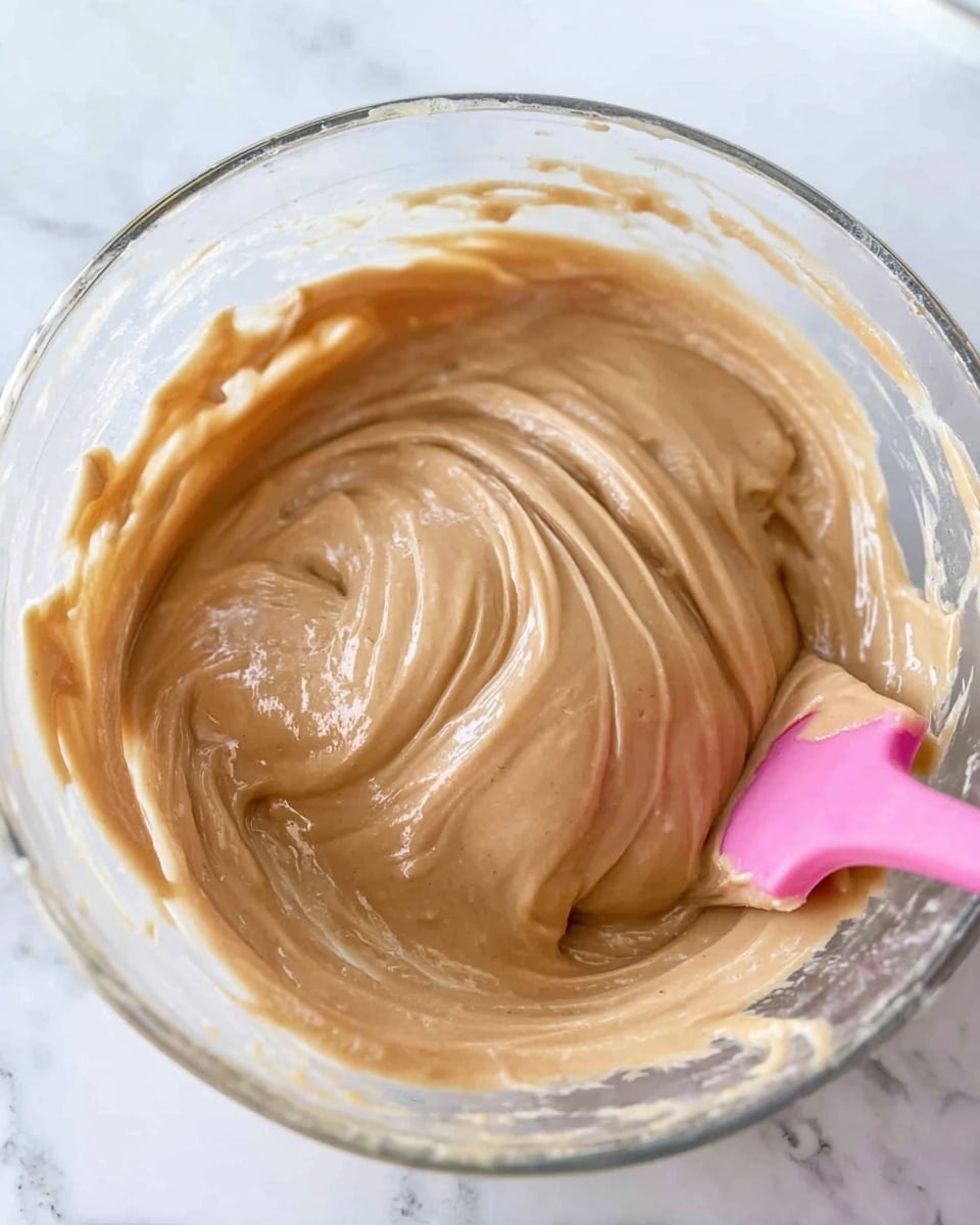 A clear glass bowl filled with smooth, thick light brown batter with slightly glossy texture. A pink spatula is partly visible on the right side, mixing the batter with curved, soft folds. The bowl has a shiny surface with some batter stuck to the sides. The background is white marbled texture. Photo taken with an iphone --ar 4:5 --v 7