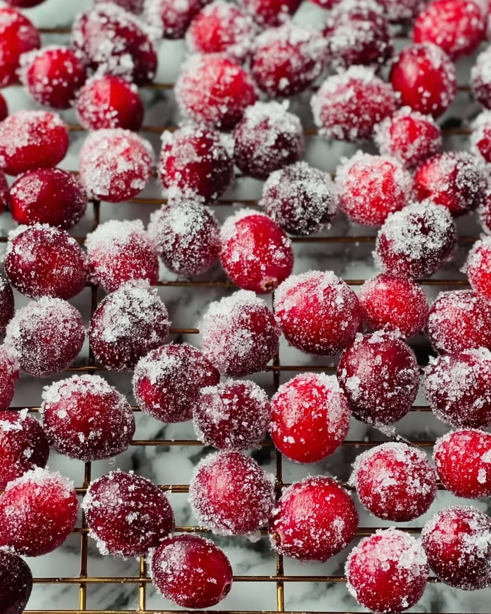 The image shows many small red cranberries covered with a layer of white sugar crystals, spread evenly across a metal cooling rack. The cranberries have a shiny, smooth texture with a bright red color visible beneath the frosty sugar coating. The background surface is a white marbled texture, creating a clean and light contrast with the red cranberries and white sugar. Photo taken with an iphone --ar 4:5 --v 7