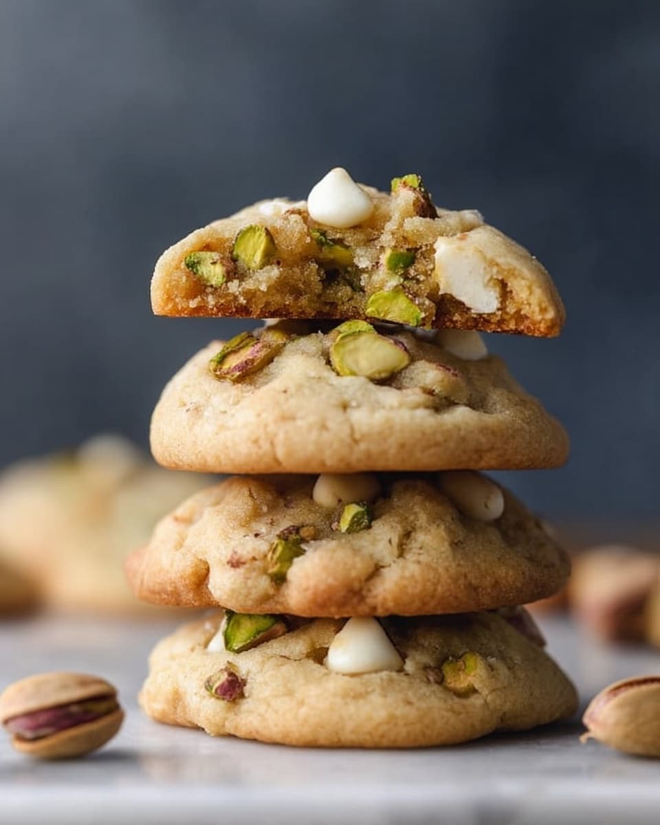 A stack of four cookies sits on a white marbled surface, each cookie thick and soft with a light golden-brown color. The cookies have chunks of green pistachios and small white chocolate pieces visible on their tops and sides. The top cookie is split in half, showing a chewy, slightly crumbly inside with more pistachio and white chocolate bits. Around the stack, there are a few whole pistachios in their shells. The background is blurred dark gray, making the cookies stand out clearly, photo taken with an iphone --ar 4:5 --v 7