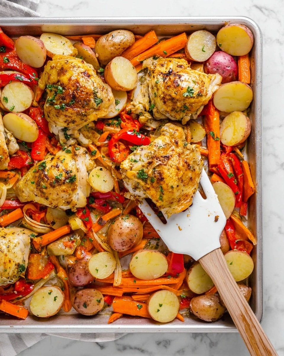 This image shows a white baking tray filled with a colorful roasted dish. The dish has four pieces of golden brown cooked chicken placed on top of a mix of sliced orange carrots, red bell pepper strips, and halved red potatoes with pale yellow inside. The vegetables and chicken are spread evenly across the tray, with some green herb pieces sprinkled on top for garnish. One piece of chicken is being lifted by a white spatula with a wooden handle. The background and surface beneath the tray have a white marbled texture, adding a clean and bright look to the presentation. photo taken with an iphone --ar 4:5 --v 7