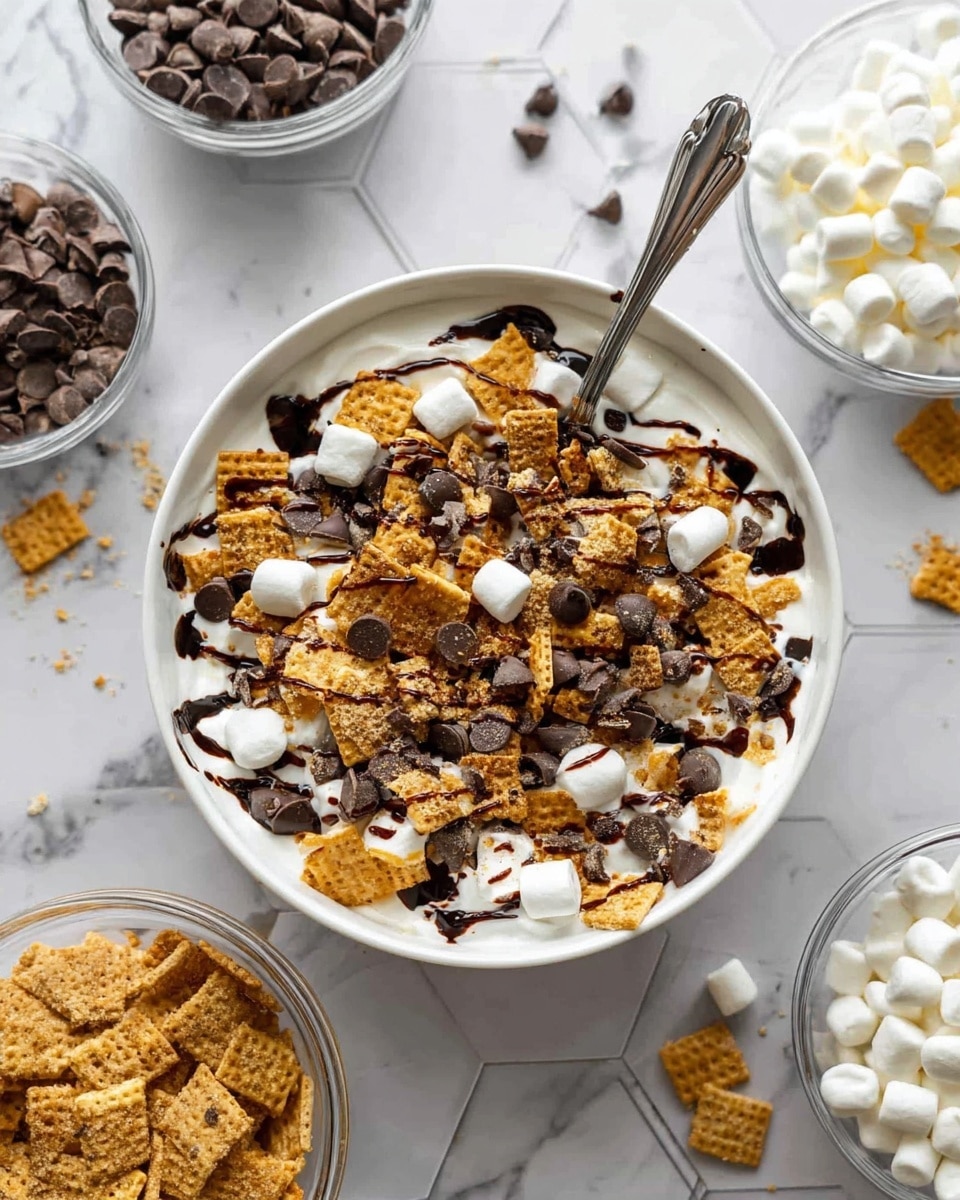 A white bowl filled with a base layer of creamy white yogurt, topped with broken pieces of golden and brown graham crackers, small white and dark brown chocolate chips scattered evenly, and many small white marshmallows placed randomly. The toppings are drizzled with thin streams of dark chocolate syrup. A silver spoon stands inside the bowl at the back. Around the bowl, there are clear glass bowls filled with extra pieces of graham crackers, white and dark chocolate chips, and marshmallows on a white marbled hexagon-patterned surface. Photo taken with an iphone --ar 4:5 --v 7