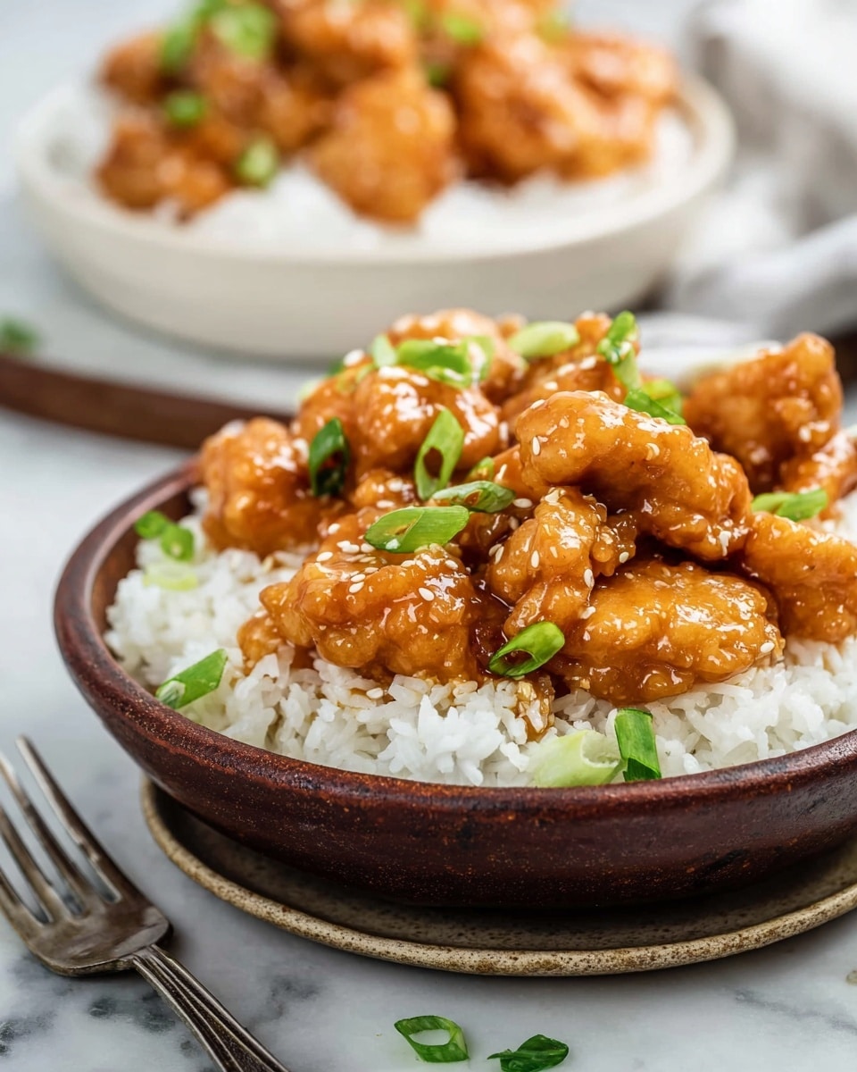 A bowl filled with a base layer of fluffy white rice topped with a thick layer of golden-brown chicken pieces coated in a shiny orange sauce, garnished with small green slices of fresh scallions and a few white sesame seeds scattered on top, all placed on a white marbled surface with a fork positioned next to the bowl and another similar bowl blurred in the background, photo taken with an iphone --ar 4:5 --v 7