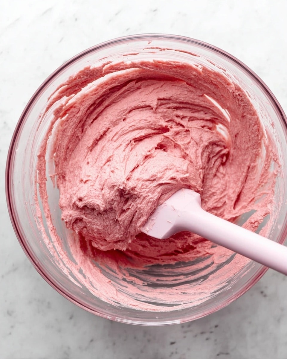 A clear glass bowl filled with thick, pink batter that has a creamy and slightly chunky texture. The batter clings to a light pink spatula resting inside the bowl, showing swirls and folds from mixing. Some batter is spread thinly along the top inside edge of the bowl. The bowl sits on a white marbled surface. photo taken with an iphone --ar 4:5 --v 7