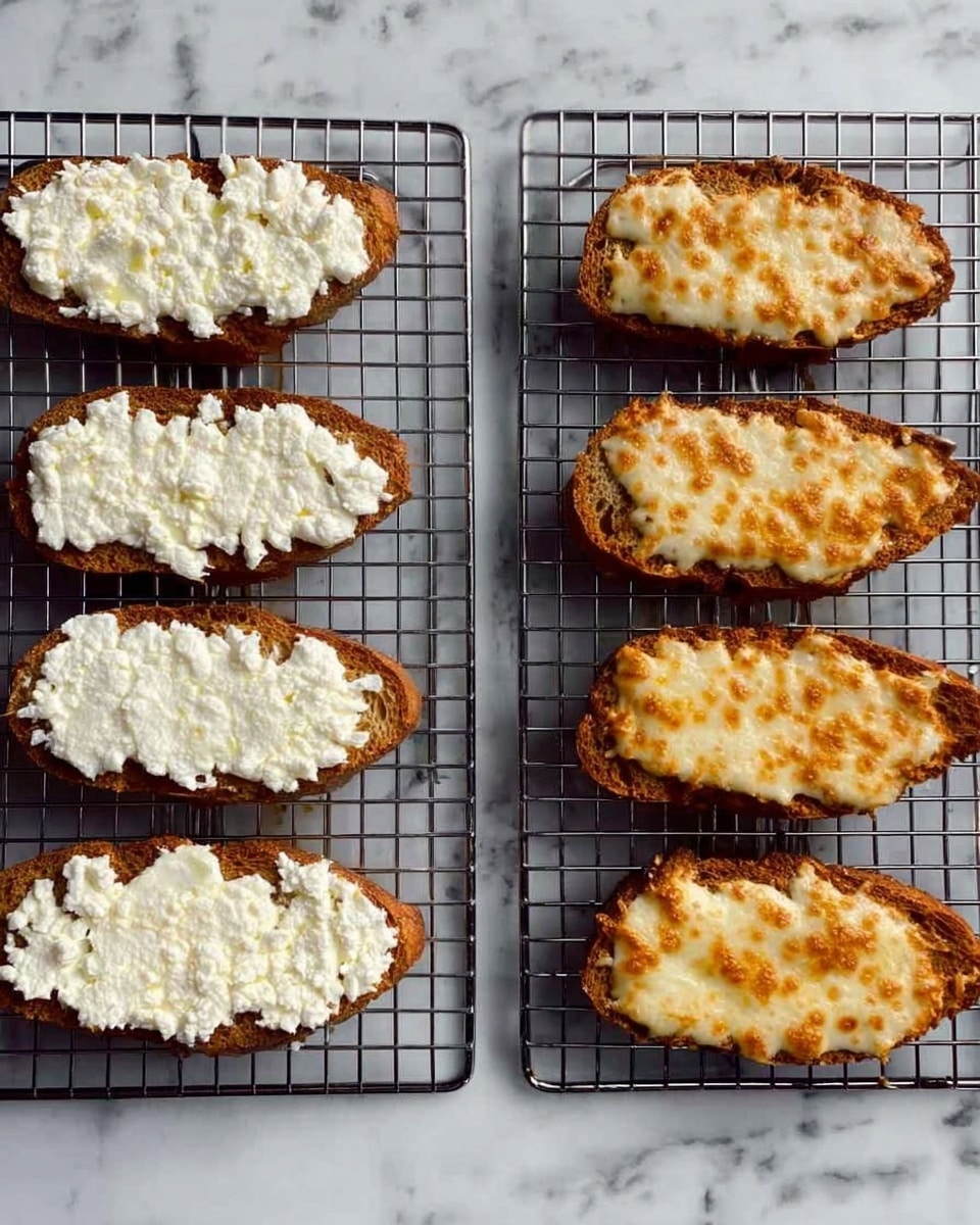 The image shows two cooling racks on a white marbled surface, each holding several toasted slices of dark bread shaped like small ovals. On the left rack, the slices are topped with a thick layer of soft, white cheese, evenly spread with a rough texture. On the right rack, similar slices have the cheese layer browned and slightly melted from toasting. The bread has a crisp golden-brown edge with some darker spots. This gives a contrast between fresh and toasted cheese on the bread slices. photo taken with an iphone --ar 4:5 --v 7