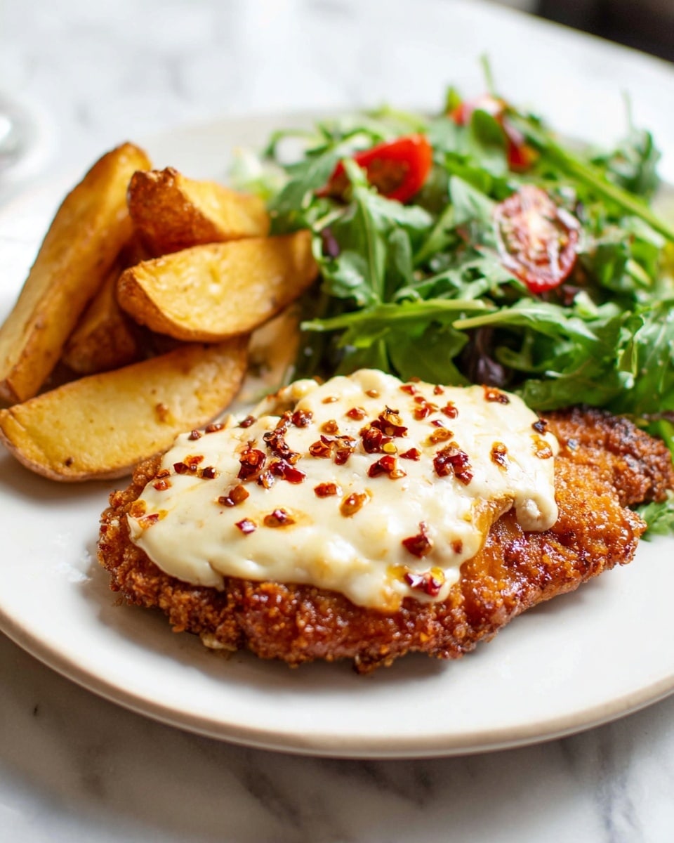 A white plate holds a crispy fried cutlet as the main layer, topped with a creamy, slightly melted white cheese sauce that has small red chili flakes scattered on it, adding texture and color contrast. To the side, there are golden brown potato wedges with a slightly rough surface. Behind the cutlet and wedges, a fresh green salad with leafy arugula and small red tomato pieces adds a fresh and vibrant touch. The plate sits on a white marbled surface. photo taken with an iphone --ar 4:5 --v 7