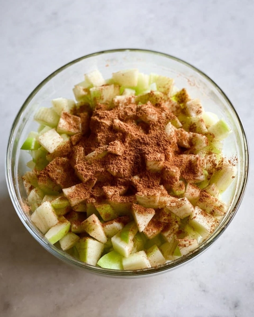 A clear glass bowl sits on a white marbled surface filled with two layers: the bottom layer is pale green diced apples, and the top layer is a light dusting of brown cinnamon powder spread evenly over the apples. The bowl is simple and round, showing the contrast between the fresh apple pieces and the warm spice on top. photo taken with an iphone --ar 4:5 --v 7