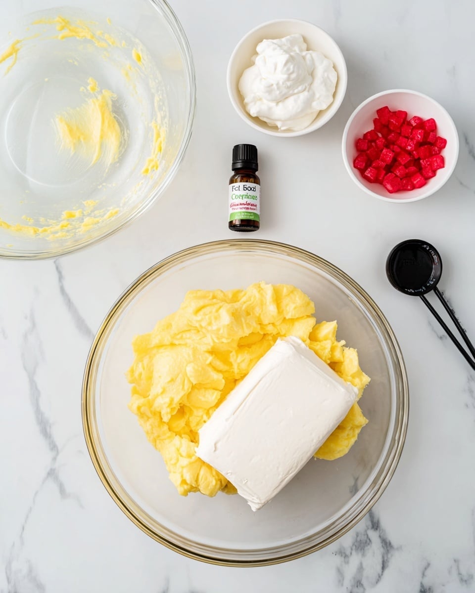 A clear glass bowl sits on a white marbled surface with two main ingredients inside: on the left a soft, mashed yellow mixture and on the right a large block of smooth, white cream cheese. Above the bowl are three small white bowls; the top one contains thick, white whipped cream, the right one holds bright red small chunks, and between them is a small dark brown bottle labeled