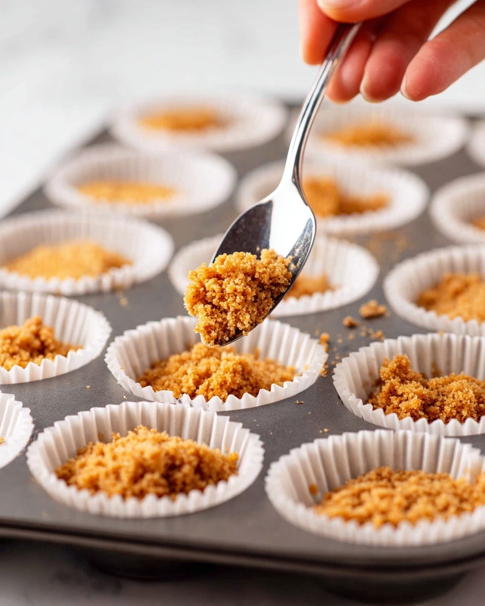 A close-up image showing a woman's hand holding a silver spoon, dropping a golden crumbly mixture into white cupcake liners arranged in a dark metal muffin tin. Each liner has a small, uneven layer of the crumbly mixture that looks crunchy and textured, with colors ranging from light brown to golden. The focus is on the spoon and the crumbs, with the background softly blurred. The scene is set on a white marbled surface. photo taken with an iphone --ar 4:5 --v 7
