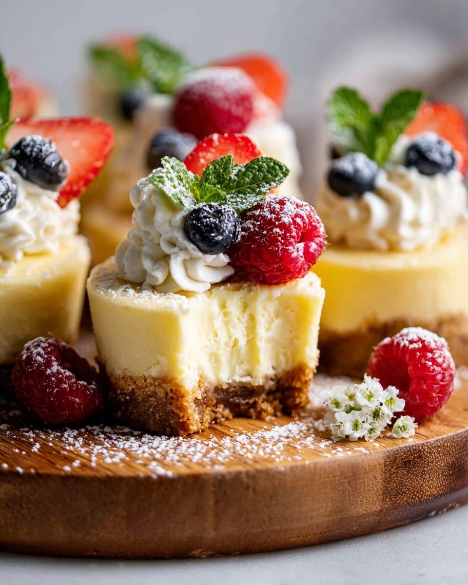 The image shows cupcake-sized cheesecakes with three layers on a round wooden board. The bottom layer is a brown crumbly crust. Above it is a thick creamy yellow cheesecake layer. The top layer is a swirl of white whipped cream, decorated with fresh red strawberries, raspberries, dark blueberries, and bright green mint leaves. Some cheesecakes are slightly cut to show the inside texture. Powdered sugar is sprinkled lightly on top and around the board, with small white flowers and extra berries scattered nearby. The background is soft and blurred, highlighting the cheesecakes. photo taken with an iphone --ar 4:5 --v 7