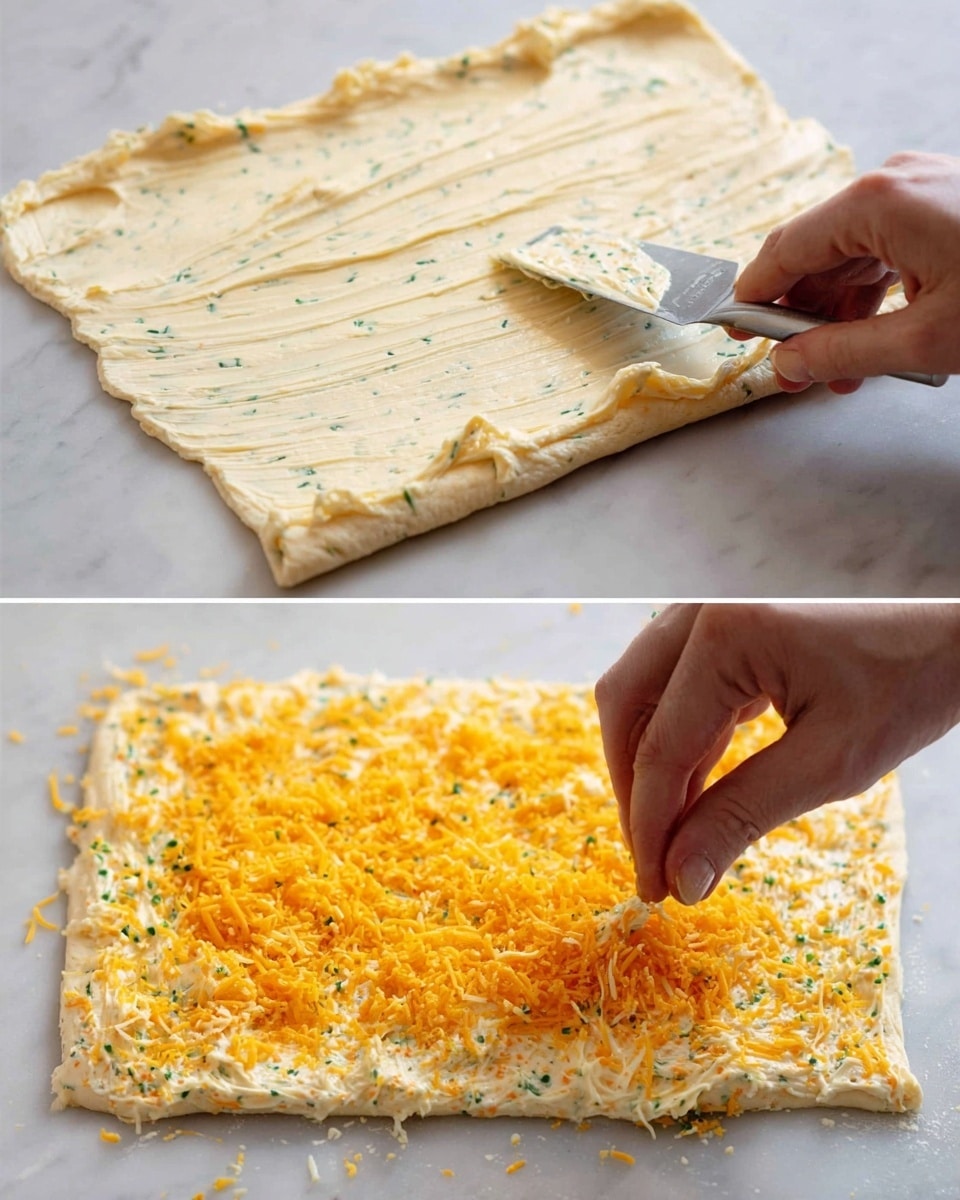 A two-part image showing the process of making a rolled dough snack on a white marbled surface. The top part shows a rectangular layer of pale dough spread flat with a textured cream mixture, light yellow with small green and orange bits, being spread evenly by a woman's hand holding a small metal spatula with a black handle. The bottom part shows the same dough now covered fully with the cream layer, and a woman's hand is sprinkling bright orange shredded cheese evenly over the top, creating a contrast with the creamy white spread beneath. photo taken with an iphone --ar 4:5 --v 7