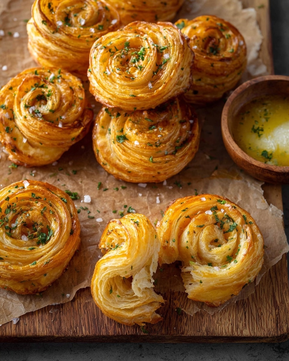 The image shows several golden brown, spiral-shaped pastries with a flaky texture stacked in round layers, each topped with small green herbs and coarse salt. One pastry is broken open to show its multiple thin, airy layers inside, displaying a crispy, well-baked interior. The pastries rest on a piece of parchment paper on a wooden surface, next to a small wooden bowl filled with melted butter that has a smooth, glossy texture and green herb sprinkled on top. The overall color palette includes warm yellows and browns with green accents from the herbs. The photo is taken with an iphone --ar 4:5 --v 7