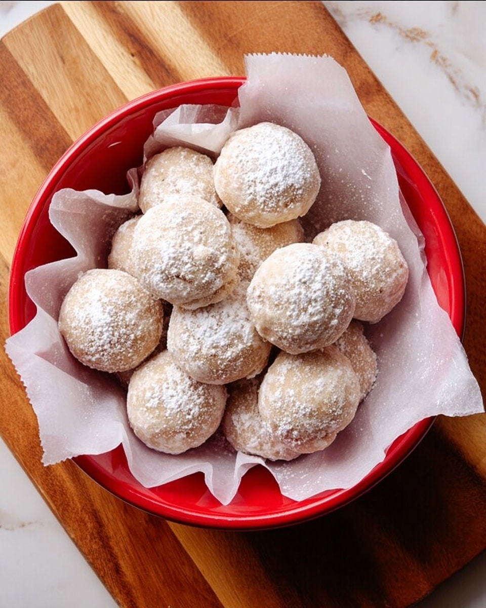 A red bowl lined with white parchment paper holds about a dozen round cookies lightly dusted with white powdered sugar. The cookies are pale beige in color, slightly rough in texture, and closely packed together within the parchment paper. The bowl rests on a wooden board, but the surface around it is a white marbled texture. photo taken with an iphone --ar 4:5 --v 7