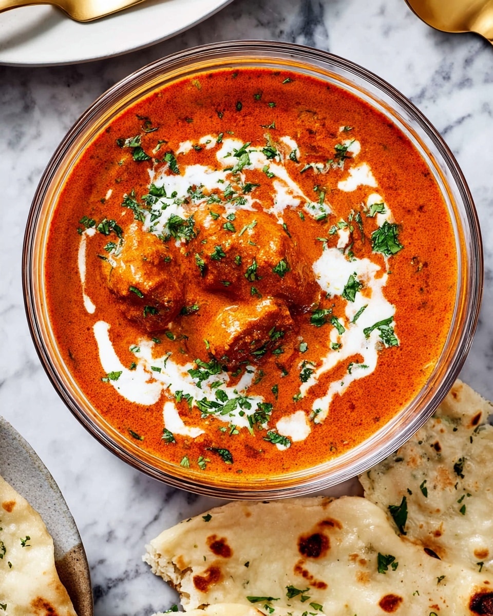 A clear round bowl sits on a white marbled surface filled with a rich orange-red curry, with visible chunks of tender meat partially submerged. Swirls and small dollops of smooth white cream float on top, adding contrast and a creamy texture. Bright green chopped herbs are sprinkled over the curry, giving fresh color accents. Pieces of white flatbread with light brown grilled spots lie next to the bowl. The background shows a small part of a white plate with a gold fork peeking in from the top edge. The lighting highlights the vibrant colors and textures clearly. photo taken with an iphone --ar 4:5 --v 7