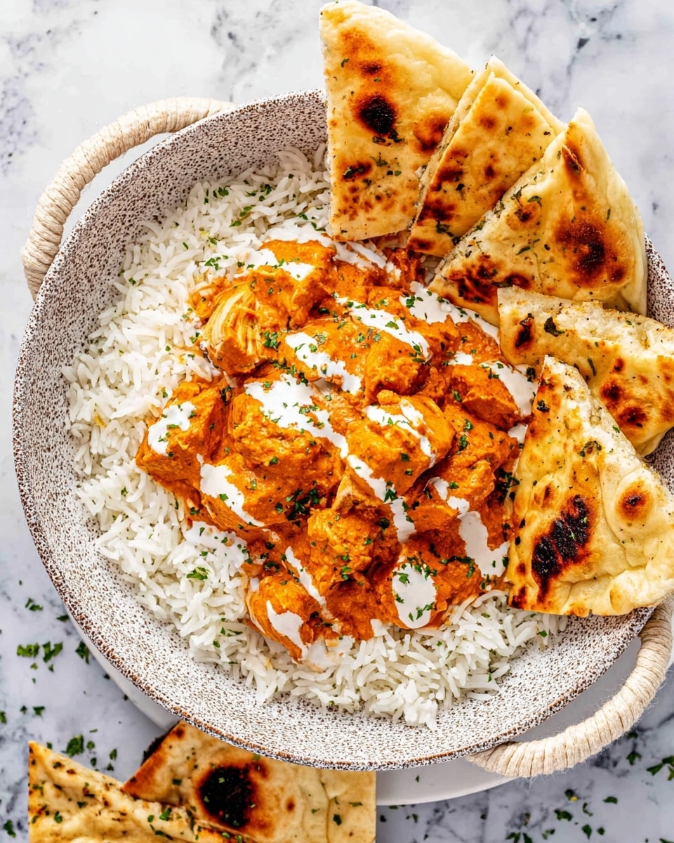 The dish shows a white speckled bowl with two white rope handles, placed on a white marbled surface. Inside the bowl, the bottom layer is a bed of plain white rice spread evenly. On top of the rice, a generous layer of orange-colored chicken curry with visible chunks of tender chicken is placed, with some white sauce drizzled over it and small green herb sprinkles for garnish. Along the edge of the bowl, there are six triangular pieces of toasted naan bread with brown char marks, partly resting on the rice. Some small green herbs are sprinkled around the bowl and on the surface near the bowl. Photo taken with an iphone --ar 4:5 --v 7