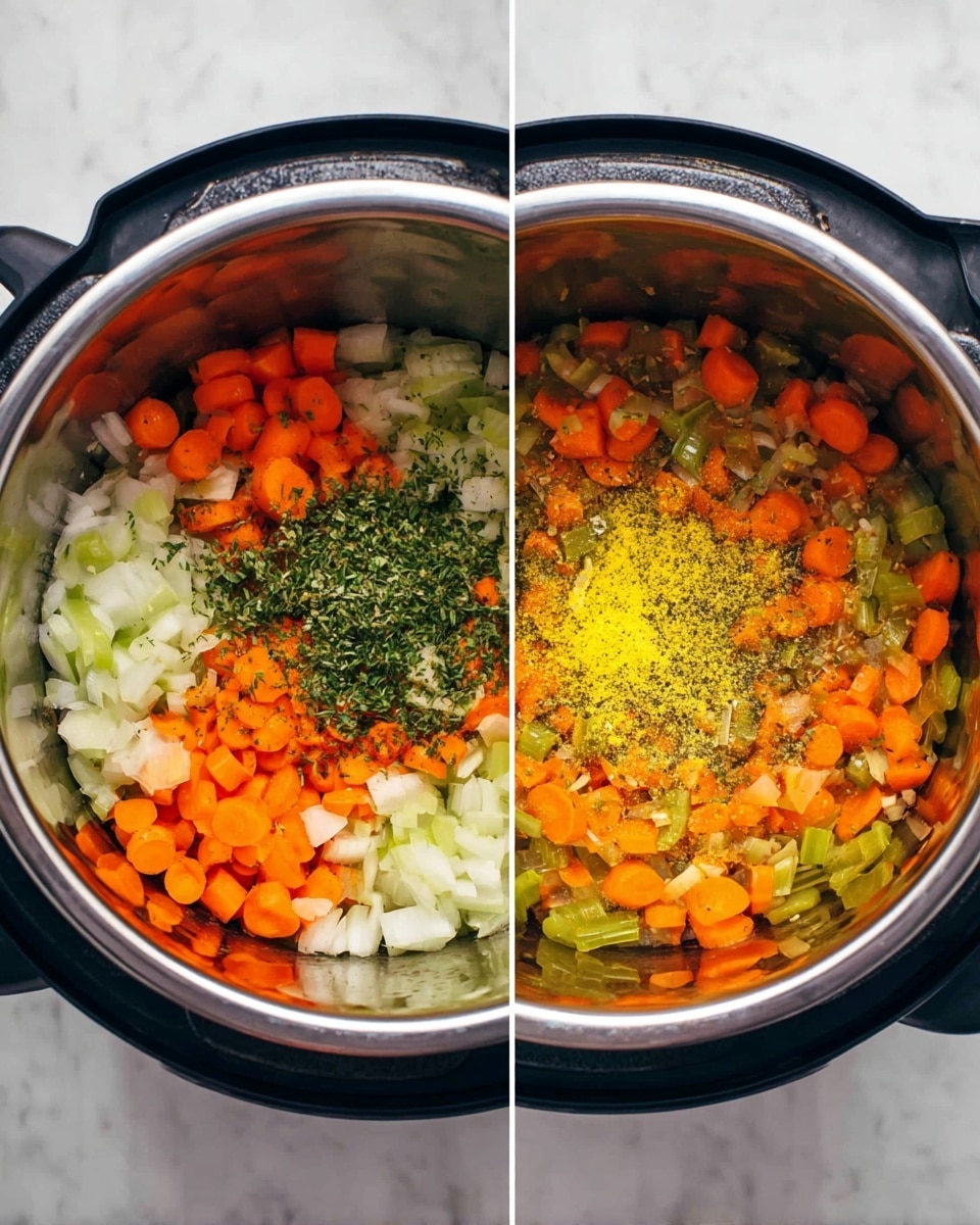 The image shows two side-by-side top-down views of an electric cooker with vegetables inside. In the left view, there are three main layers: a bottom layer of chopped white onion and celery with an uneven texture, a middle layer of sliced bright orange carrots scattered around, and a top layer of green chopped herbs along with a bright yellow powder sprinkled mostly in the center. In the right view, the vegetables are cooked and mixed, showing a soft texture and blended colors of orange carrots, green celery, and translucent onions with tiny dark seasoning specks spread evenly on top. The cooker sits on a white marbled surface photo taken with an iphone --ar 4:5 --v 7