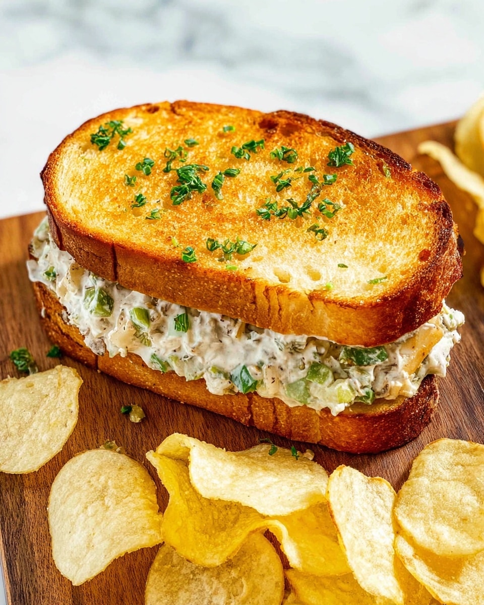 A toasted sandwich is shown on a wooden board with a white marbled background. The sandwich has two slices of golden brown toasted bread, with small green herbs sprinkled on top. Inside, there is a creamy mixture with chopped green herbs and small pieces of white filling that looks soft and spread evenly between the bread slices. Around the sandwich, there are several light yellow, thin, and crispy potato chips scattered on the board. The image is brightly lit, showing clear textures of the toasted bread and creamy filling. photo taken with an iphone --ar 4:5 --v 7