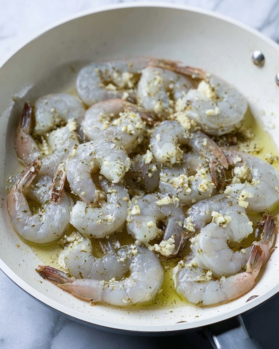 A close-up image shows a white frying pan filled with raw shrimp that are pale gray with darker tails, covered evenly with small pieces of chopped garlic and sprinkled with light green and black herbs and spices. The shrimp lay in a thin layer of oil, giving a shiny texture that makes the garlic and seasoning stick to them. The pan rests on a white marbled surface. photo taken with an iphone --ar 4:5 --v 7
