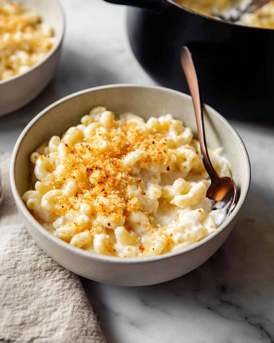 A bowl of creamy macaroni and cheese is shown with a layer of golden brown breadcrumbs sprinkled on top. The macaroni noodles are curly and coated in thick, white cheese sauce, partially stirred by a bronze-colored spoon placed inside the bowl. The bowl is simple and white, sitting on a white marbled surface, with part of a black pot and another bowl blurred in the background. A beige cloth napkin is also laid out beside the bowl. Photo taken with an iphone --ar 4:5 --v 7