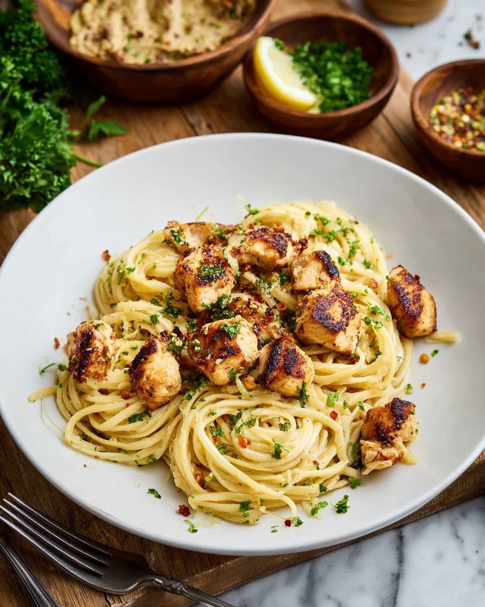 A white plate holds a dish with two main layers: the bottom layer is spaghetti pasta, light yellow in color, appearing soft and twisted in a loose pile. On top of the pasta, there are several golden-brown seared chicken cubes that look tender with a slightly crispy surface. The dish is sprinkled lightly with chopped green herbs and some small red chili flakes, adding texture and color contrast. Around the plate, dark silver cutlery and wooden bowls with green herbs and a brown spread sit on a wooden table, with some parsley and lemon wedge partially visible. The background surface is white marble texture. Photo taken with an iphone --ar 4:5 --v 7